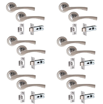 6 Pairs of Golden Grace Astrid Door Handle On Round Rose, 2.5" Tubular Latch, Dual Finish, Satin Nickel/Polished Chrome