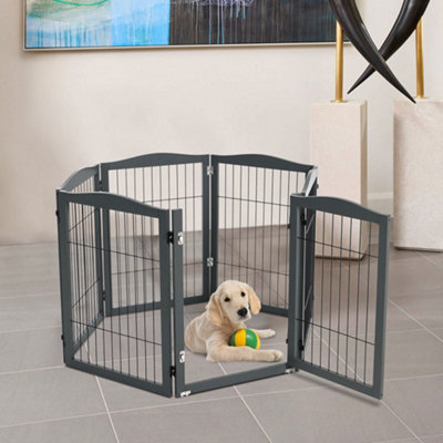 6-Panel Grey Wooden Folding Pet Playpen Freestanding Pet Gate with Fixed Brackets 80cm H