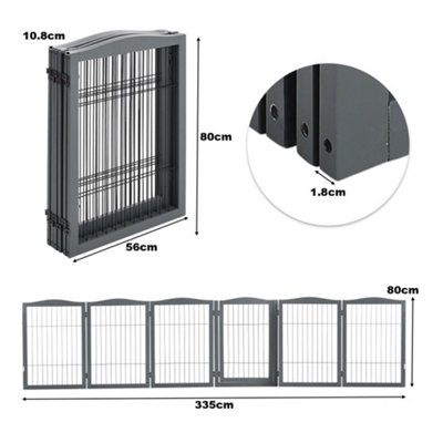 6-Panel Grey Wooden Folding Pet Playpen Freestanding Pet Gate with Fixed Brackets 80cm H - 3