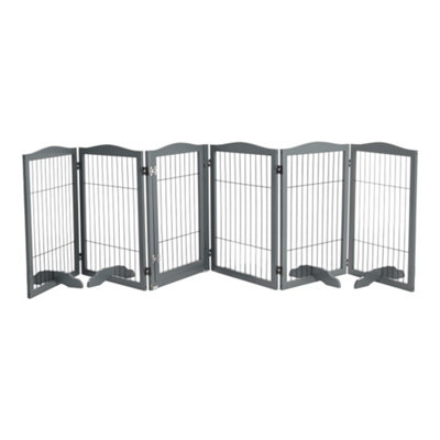 6-Panel Grey Wooden Folding Pet Playpen Freestanding Pet Gate with Fixed Brackets 80cm H - 4