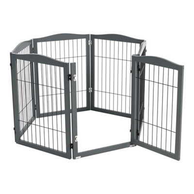 6-Panel Grey Wooden Folding Pet Playpen Freestanding Pet Gate with Fixed Brackets 80cm H - 6