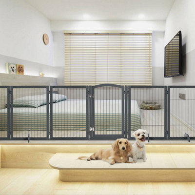 6-Panel Grey Wooden Folding Pet Playpen Freestanding Pet Gate with Fixed Brackets 80cm H