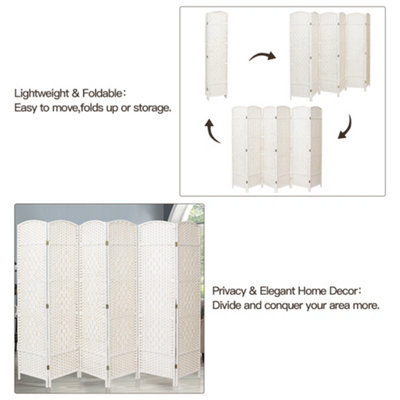 6-Panel Wicker Privacy Screen - Arched Top, Poplar Wood Frame, Natural & White Design
