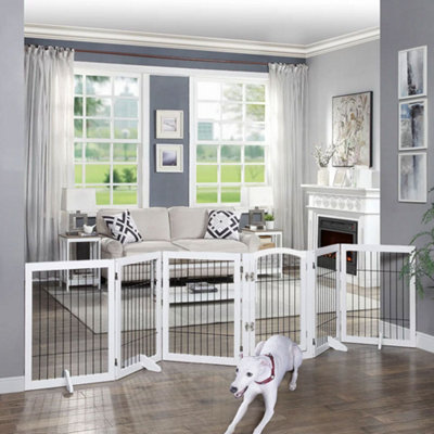 6-Panel White Wooden Folding Pet Playpen Freestanding Pet Gate with Fixed Brackets 80cm H