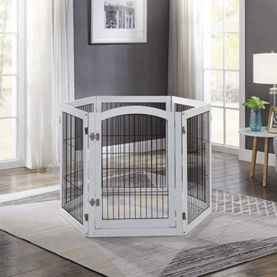 6-Panel White Wooden Folding Pet Playpen Freestanding Pet Gate with Fixed Brackets 80cm H