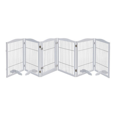 6-Panel White Wooden Folding Pet Playpen Freestanding Pet Gate with Fixed Brackets 80cm H