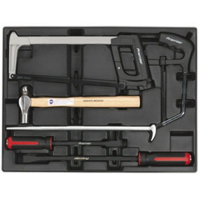 6 Pc PREMIUM Pry Bar Hammer & Hacksaw Set with Modular Tool Tray - Tool Storage