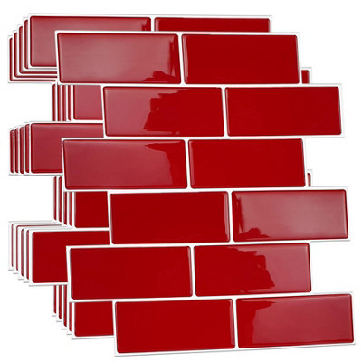 6 Pcs 30.5 x 30.5cm(12") 3D Tile Stickers Peel and Stick Backsplash Splashback Decals Tile Transfer - Cherry Red Retro Glossy