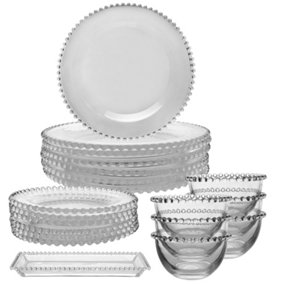 6 Person Bella Perle 19 Piece Dinner Plate, Side Plate, Bowl & Serving Plate Glass Dinner Set Gift Idea