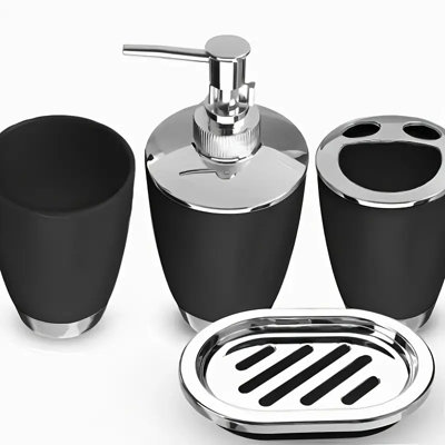 Halloween Bathroom Accessories Set - 6 Piece Plastic Skull Decor Bathroom Ensemble, Black