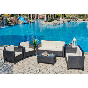 6 Piece Black Rattan Sofa Garden Lounge Set Black Glass Topped Coffee Side Table 2 Seater 3 Seater Armchairs Beige Cushions