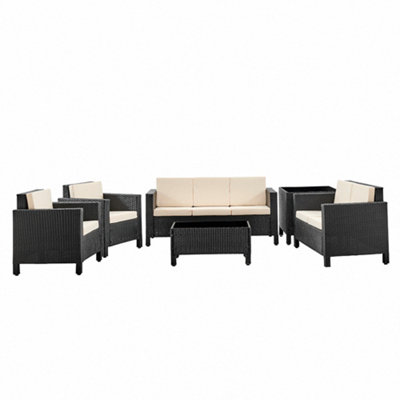 6 Piece Black Rattan Sofa Garden Lounge Set Black Glass Topped Coffee Side Table 2 Seater 3 Seater Armchairs Beige Cushions