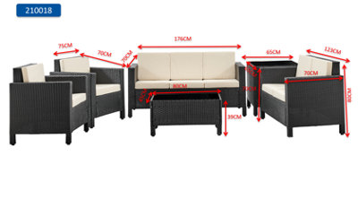 6 Piece Black Rattan Sofa Garden Lounge Set Black Glass Topped Coffee Side Table 2 Seater 3 Seater Armchairs Beige Cushions - 8