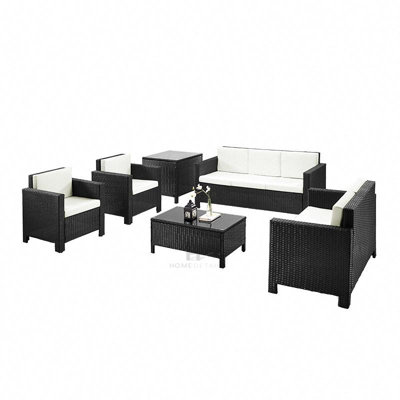 6 Piece Black Rattan Sofa Garden Lounge Set Black Glass Topped Coffee Side Table 2 Seater 3 Seater Armchairs Beige Cushions - 9