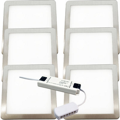 6-Piece Brushed Nickel Ultra-Slim Square Under Cabinet LED Lighting Kit with Driver - Warm White Glow