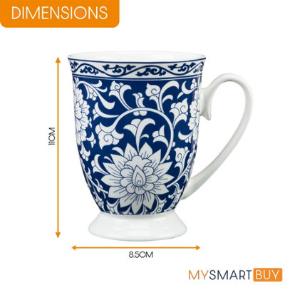 6 Piece Damask Footed Mug Set - 300ml Capacity, Microwave
