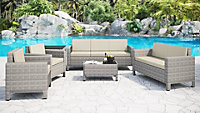 6 Piece Grey Rattan Sofa Garden Lounge Set Black Glass Topped Coffee Side Table 2 Seater 3 Seater Armchairs  Beige Cushions