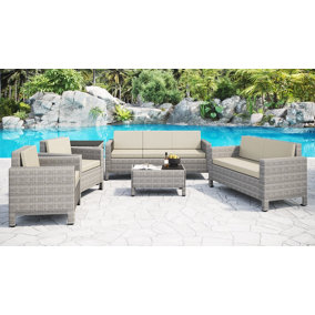 6 Piece Grey Rattan Sofa Garden Lounge Set Black Glass Topped Coffee Side Table 2 Seater 3 Seater Armchairs  Beige Cushions