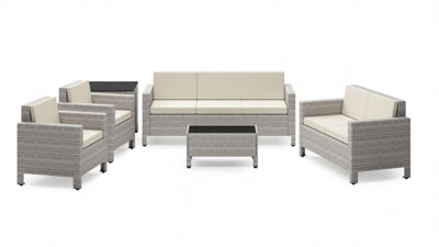 6 Piece Grey Rattan Sofa Garden Lounge Set Black Glass