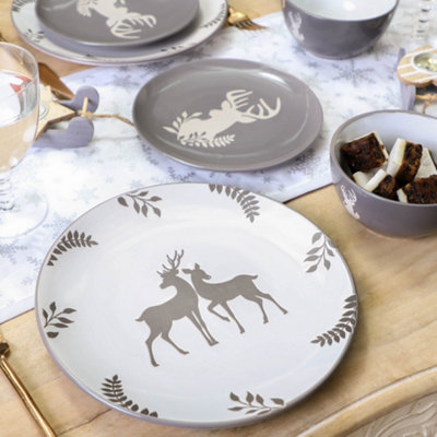 6 Piece Grey Stag Stoneware Christmas Dinner Set DIY at B Q