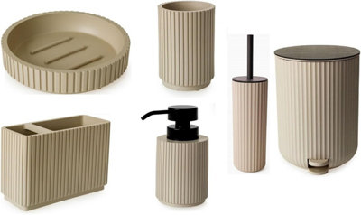 6 Pieces Textured Edge Bathroom Accessories Organiser Set - Almond
