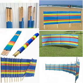 6 Pole Windbreak Wooden Multicolor Blue Stripe Tall Windbreaker Folding Garden Camping Beach Picnic Holiday Privacy Sun Screen