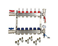 6 Ports Stainless Steel UFH Manifold with 15mm Pipe Connections, 1 inch Ball Valves, Automatic Air Vent & Pressure Gauge