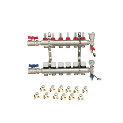 6 Ports Water Underfloor Heating Manifold with 15mm Pipe Connections, 1 inch Ball Valves, Automatic Air Vent & Pressure Gauge