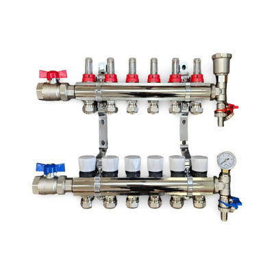 6 Ports Water Underfloor Heating Manifold with 16mm Pipe Connections, 1