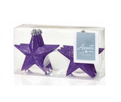 6 Purple Star Christmas Tree Baubles Festive Tree Decoration Ornaments 9cm