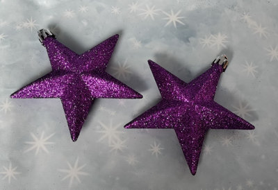 6 Purple Star Christmas Tree Baubles Festive Tree Decoration Ornaments 9cm
