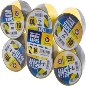 6 Rolls Caution Tape Yellow Roll Self Adhesive Hazard Safety Warning 48Mm X 10M