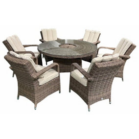 6 Seat Round Rattan Dining Set Light Brown with Integrated Ice Bucket
