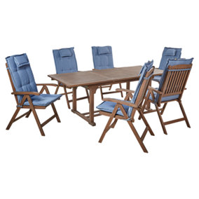 6 Seater Acacia Wood Garden Dining Set with Blue Cushions AMANTEA
