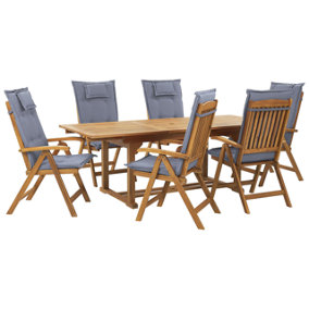 6 Seater Acacia Wood Garden Dining Set with Blue Cushions JAVA