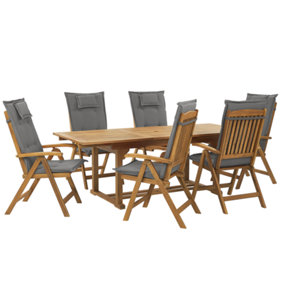 6 Seater Acacia Wood Garden Dining Set with Graphite Grey Cushions JAVA