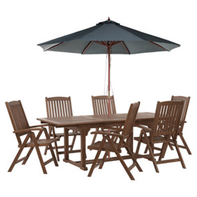 6 Seater Acacia Wood Garden Dining Set with Grey Parasol AMANTEA