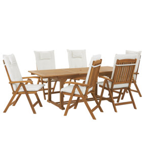 6 Seater Acacia Wood Garden Dining Set with Off-White Cushions JAVA