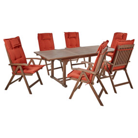 6 Seater Acacia Wood Garden Dining Set with Red Cushions AMANTEA