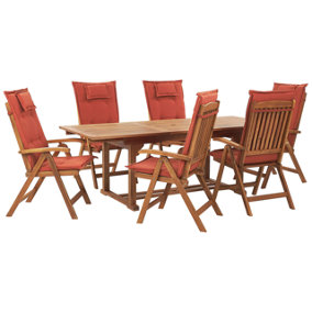 6 Seater Acacia Wood Garden Dining Set with Red Cushions JAVA