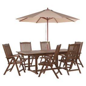 6 Seater Acacia Wood Garden Dining Set with Sand Beige Parasol AMANTEA