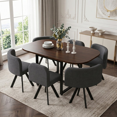 6-Seater Dining Table and Chairs Set - Walnut Effect MDF Table with ...