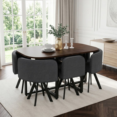 6-Seater Dining Table and Chairs Set - Walnut Effect MDF Table with ...