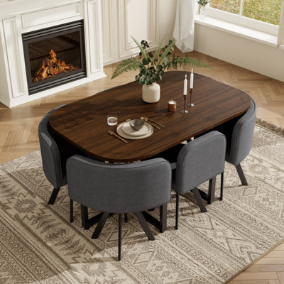 6-Seater Dining Table and Chairs Set - Walnut Effect MDF Table with ...