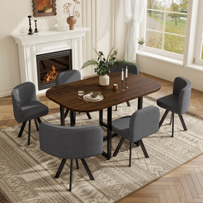 6-Seater Dining Table and Chairs Set - Walnut Effect MDF Table with ...