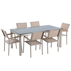 6 Seater Garden Dining Set Black Glass Top with Beige Chairs GROSSETO