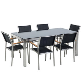 6 Seater Garden Dining Set Black Glass Top with Black Chairs GROSSETO