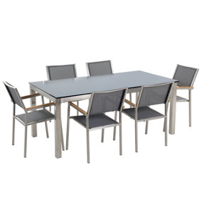 6 Seater Garden Dining Set Black Glass Top with Grey Chairs GROSSETO