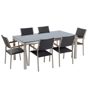 6 Seater Garden Dining Set Black Glass Top with Rattan Chairs GROSSETO