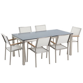 6 Seater Garden Dining Set Black Glass Top with White Chairs GROSSETO